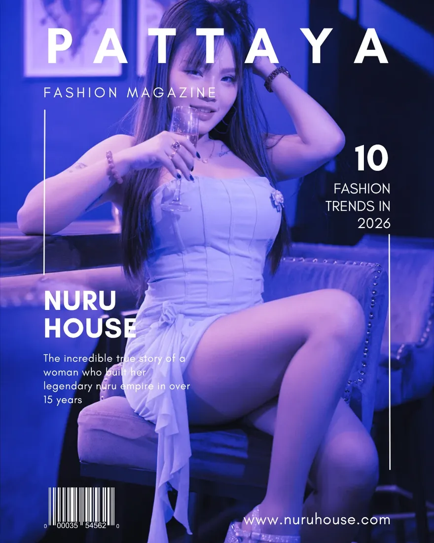 Mock Pattaya Fashion Magazine cover for Nuru House, with a therapist seated in the blue-lit lounge